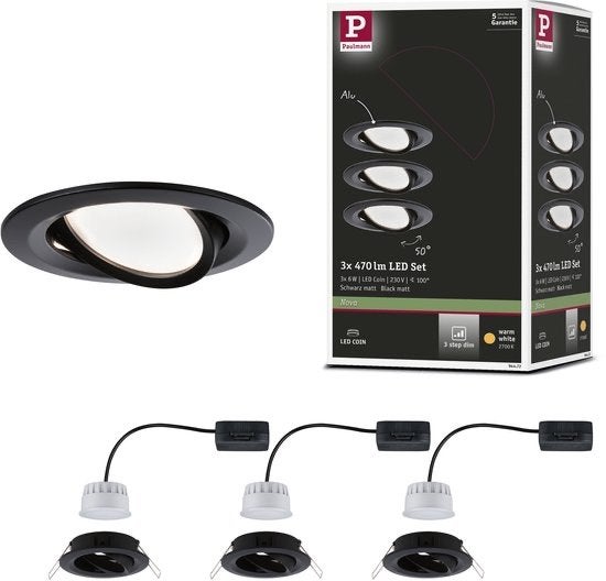 Paulmann LED Inbouwspots Set 3x 470lm Warm Wit Zwart Mat, ..., Metaal of Aluminium, Nieuw, ...