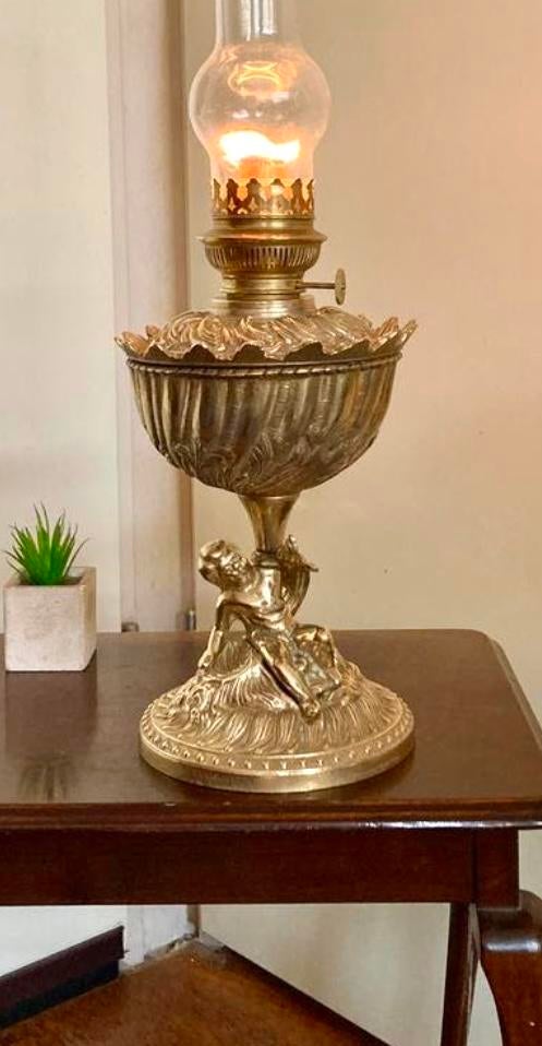 Antieke Art Nouveau olielamp zwaar massief messing koper., Antiek en Kunst, Ophalen