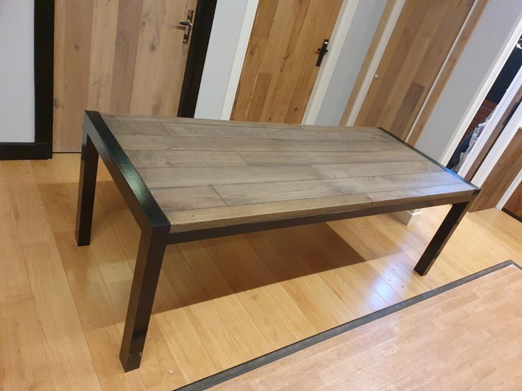 Eiken eetkamer tafel met stalen onderstel 92x220, 200 cm of meer, Zo goed als nieuw, Rechthoekig, 50 tot 100 cm