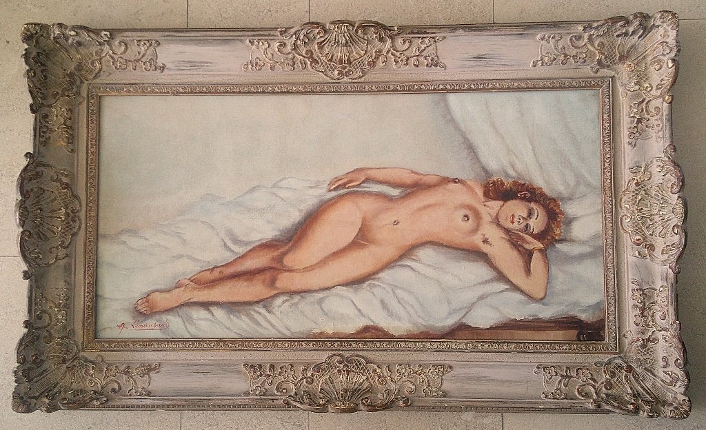 Liggend naakt op bed ca. 1950 - ges. A. Lemarchand, Doek, Portret of Personen, Impressionistisch, Ophalen of Verzenden
