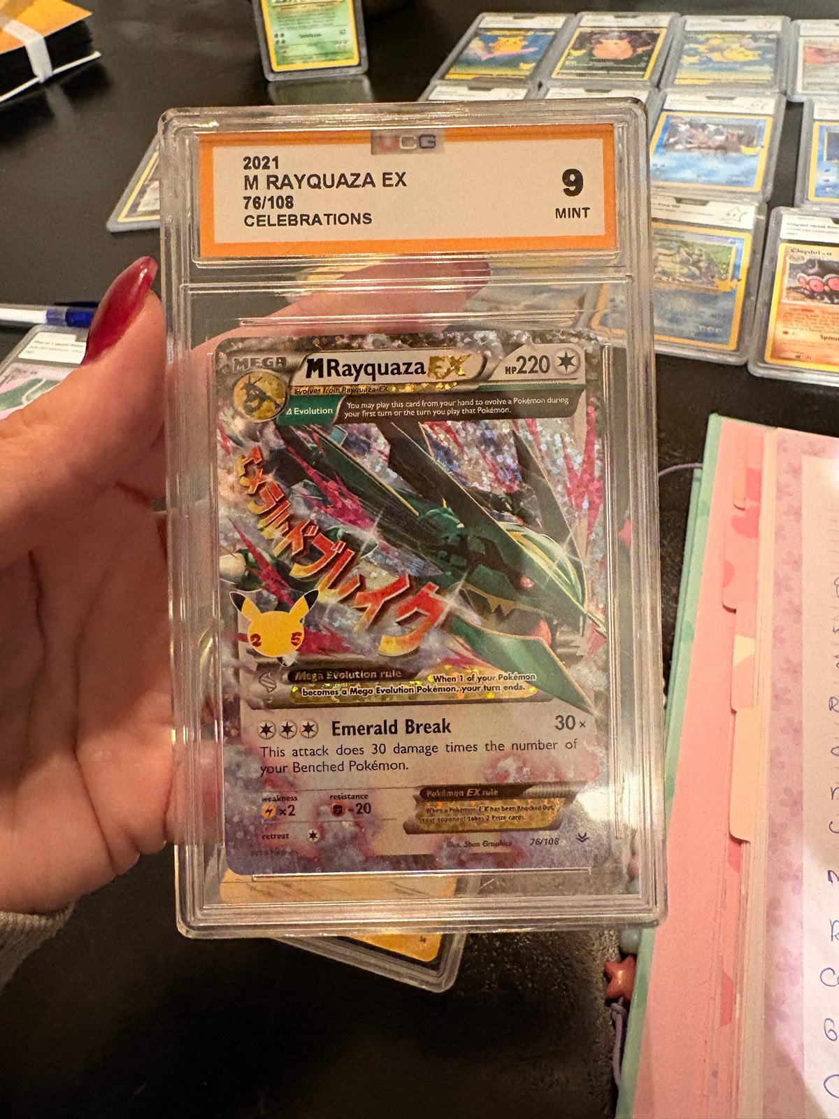 M Rayquaza EX 76/108 Celebrations PSA 9 Mint Pokémon Kaart, Ophalen of Verzenden, Zo goed als nieuw, Losse kaart