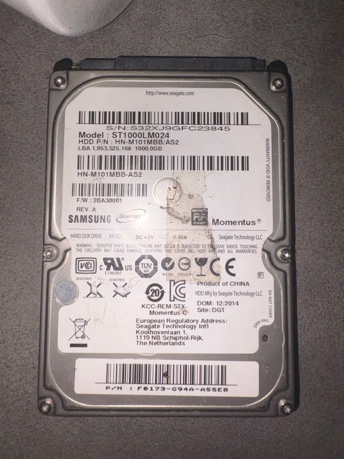 Samsung Seagate Momentus 1TB SATA HDD 2.5 inch, Computers en Software, Harde schijven, Intern, Gebruikt, Ophalen of Verzenden