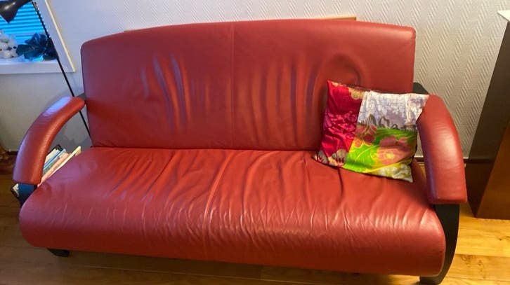design rode leren bank., Ophalen, Gebruikt, Minder dan 75 cm, 150 tot 200 cm