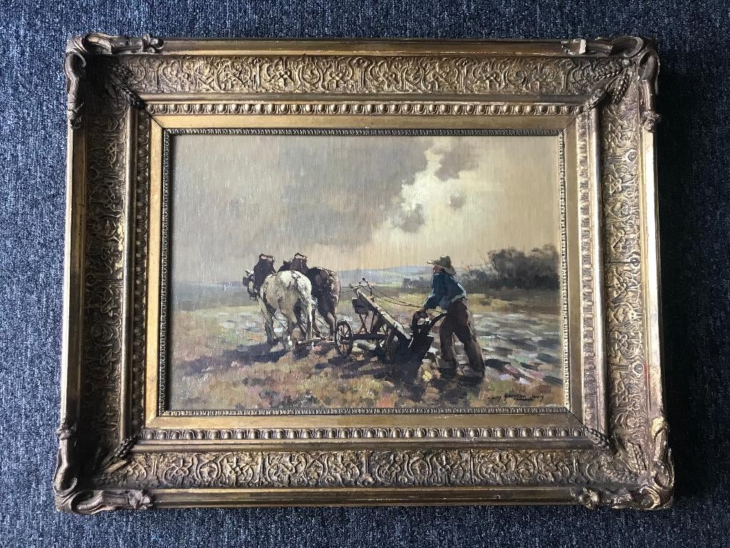 Jan Knikker Junior Jr J Schilderij Paarden Boer Ploegende, Antiek en Kunst, Ophalen of Verzenden