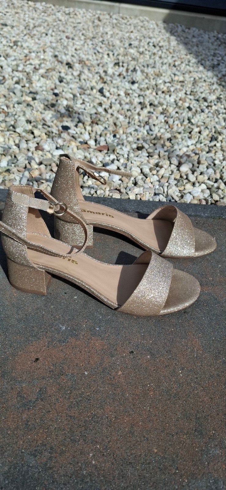Tamaris gouden glitter sandalen maat 38, Tamaris, Overige kleuren, Zo goed als nieuw, Sandalen of Muiltjes
