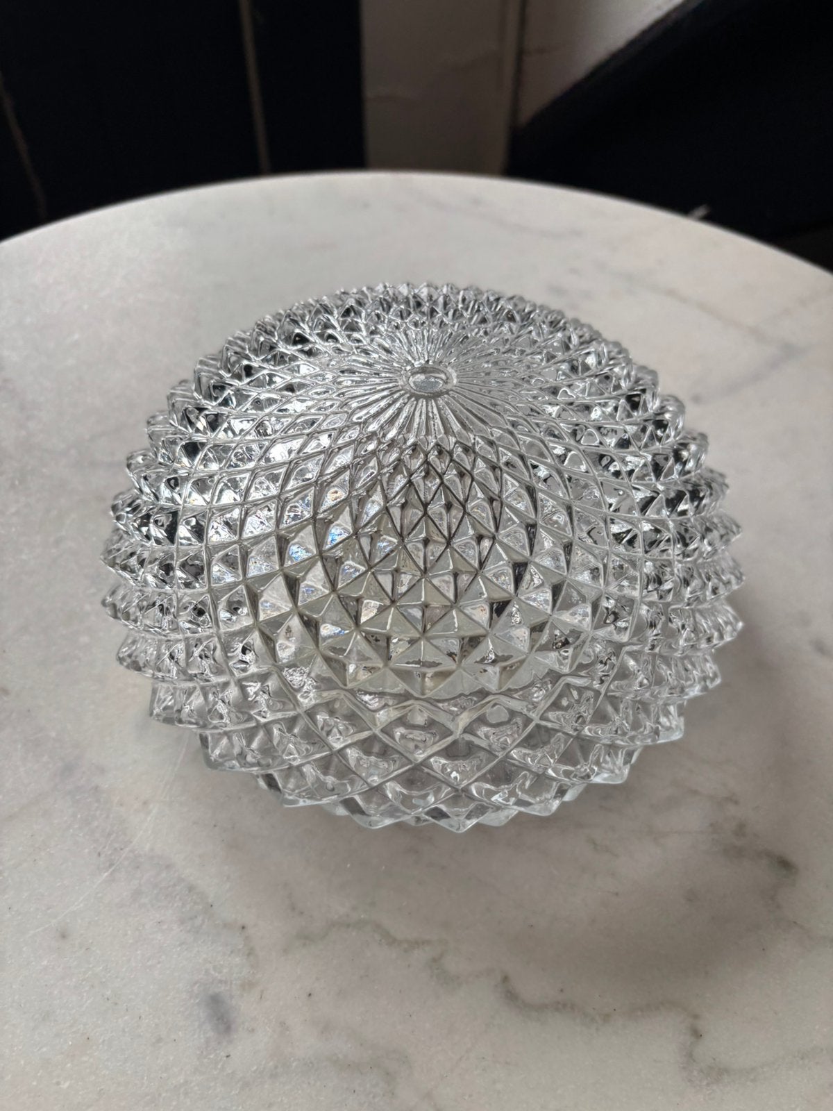 Vintage ronde plafoniere diamant driehoek bloem glazen lamp, Ophalen of Verzenden, Glas
