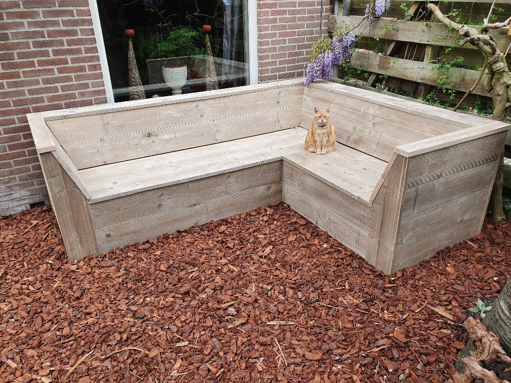 Unieke loungebank van steigerhout met schuine armleuningen, Ophalen, Bank, Steigerhout, Nieuw