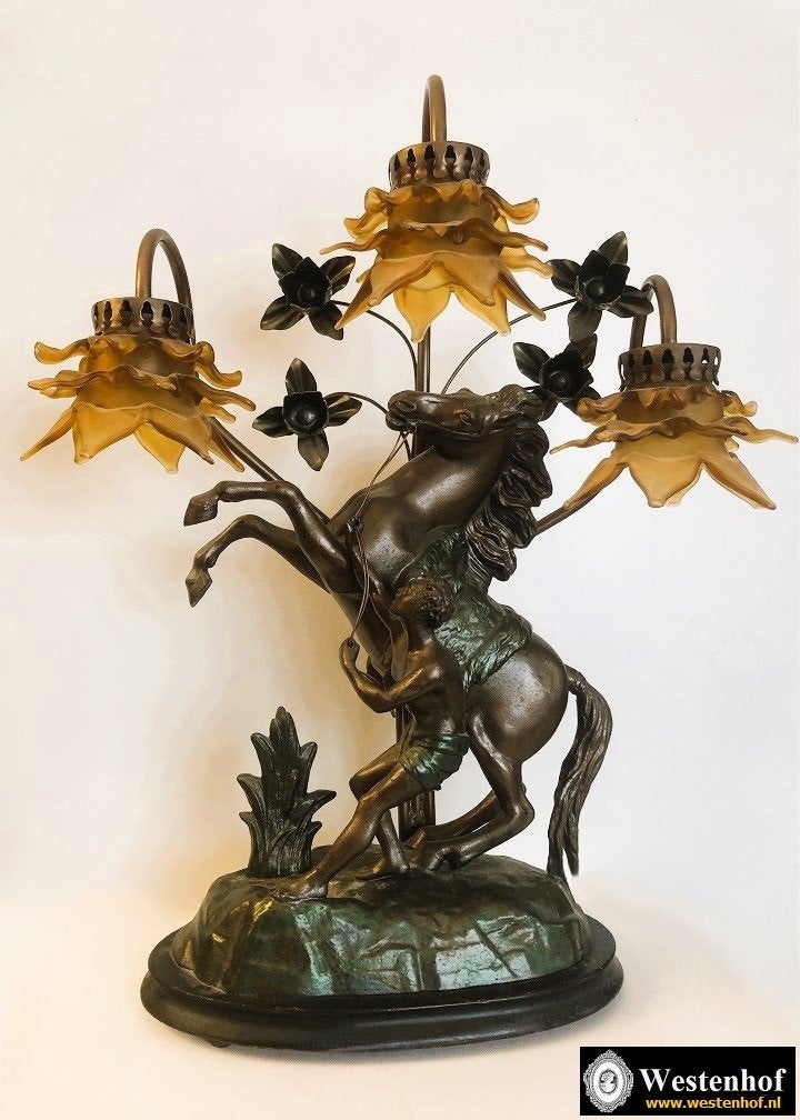 Franse tafellamp schemerlamp beeld paard knecht antiek brons, Antiek en Kunst, Ophalen of Verzenden