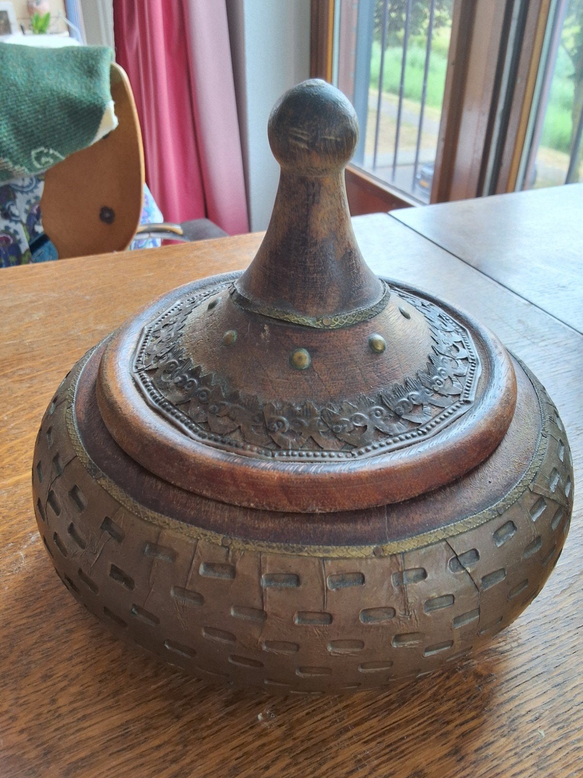 Decoratieve Houten Pot met Deksel - Noord-Afrikaanse Stijl, Ophalen of Verzenden