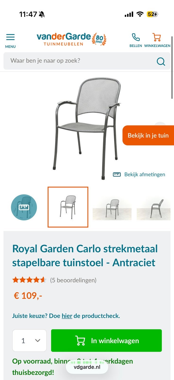Stapelbare tuinstoel van strekmetaal (mesh) (4x), Ophalen of Verzenden, Zo goed als nieuw, Metaal