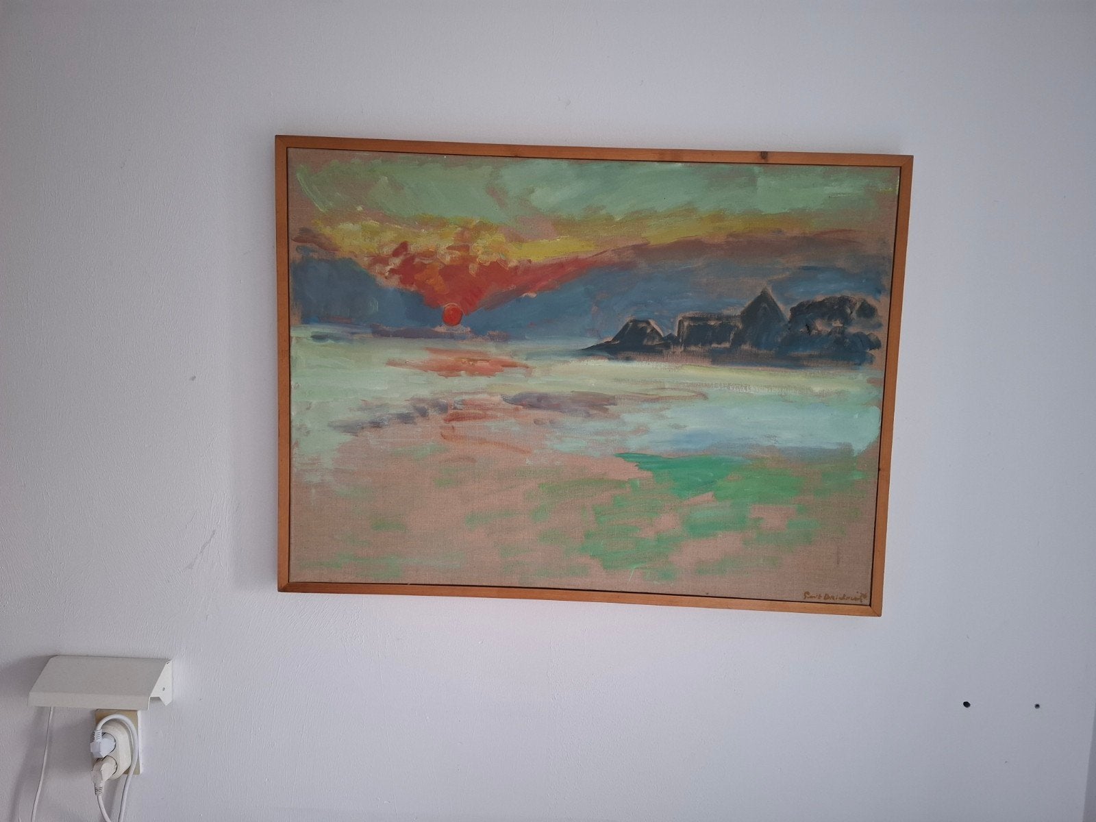 Schilderij zonsondergang landschap, Ophalen of Verzenden, Textiel, Ingelijst, Olieverf