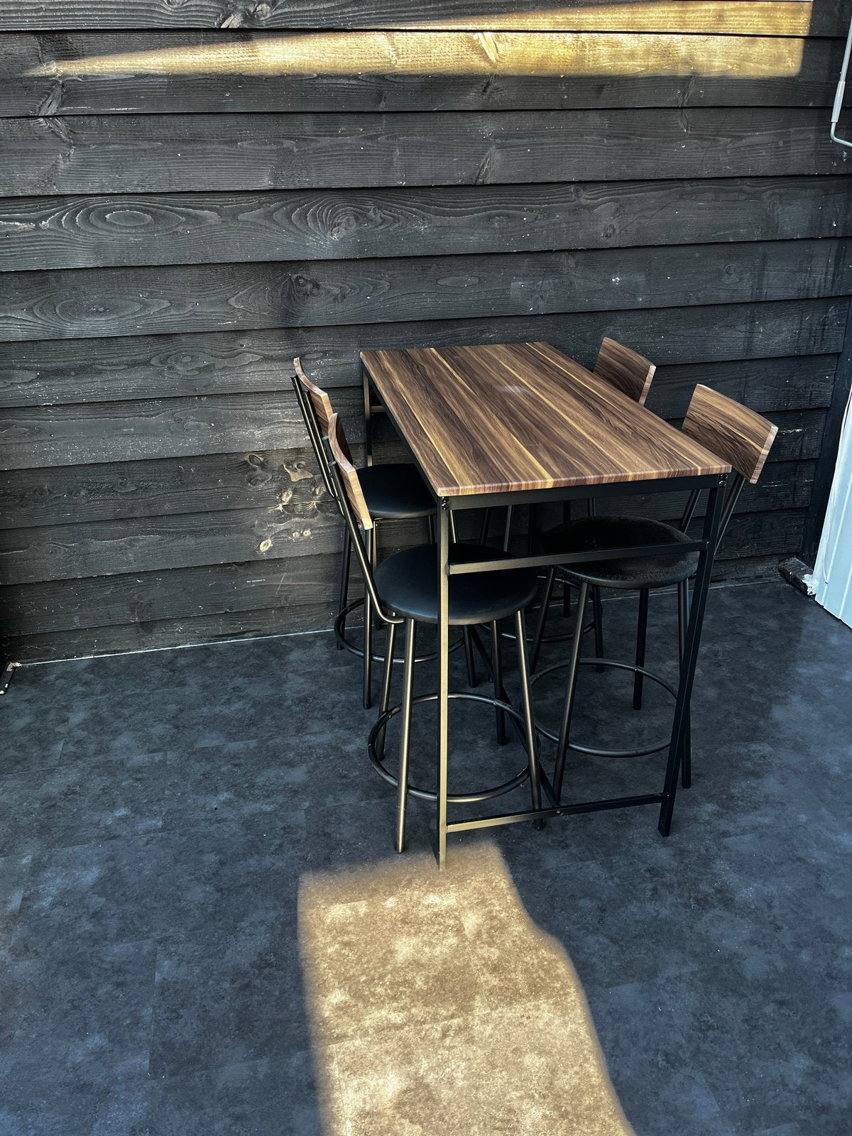 Hoge bartafel met 4 barkrukken, Ophalen of Verzenden, Gebruikt, Rechthoekig, Hout