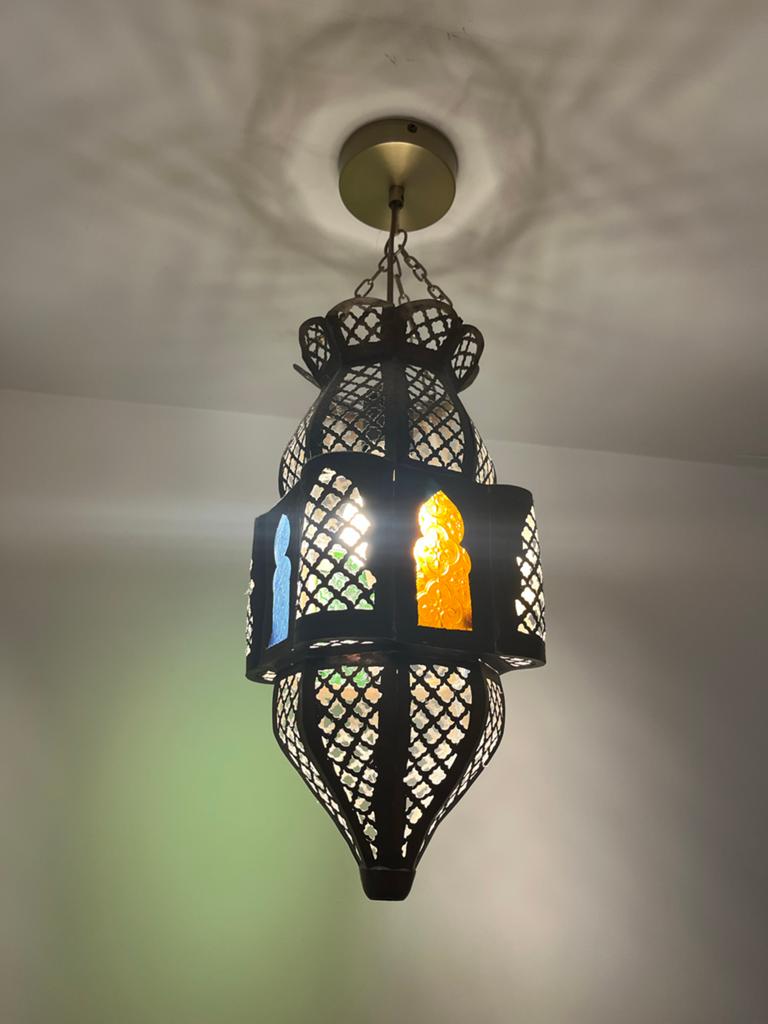 Oosterse hanglamp met gekleurd glas, Ophalen, Zo goed als nieuw, Metaal, Minder dan 50 cm