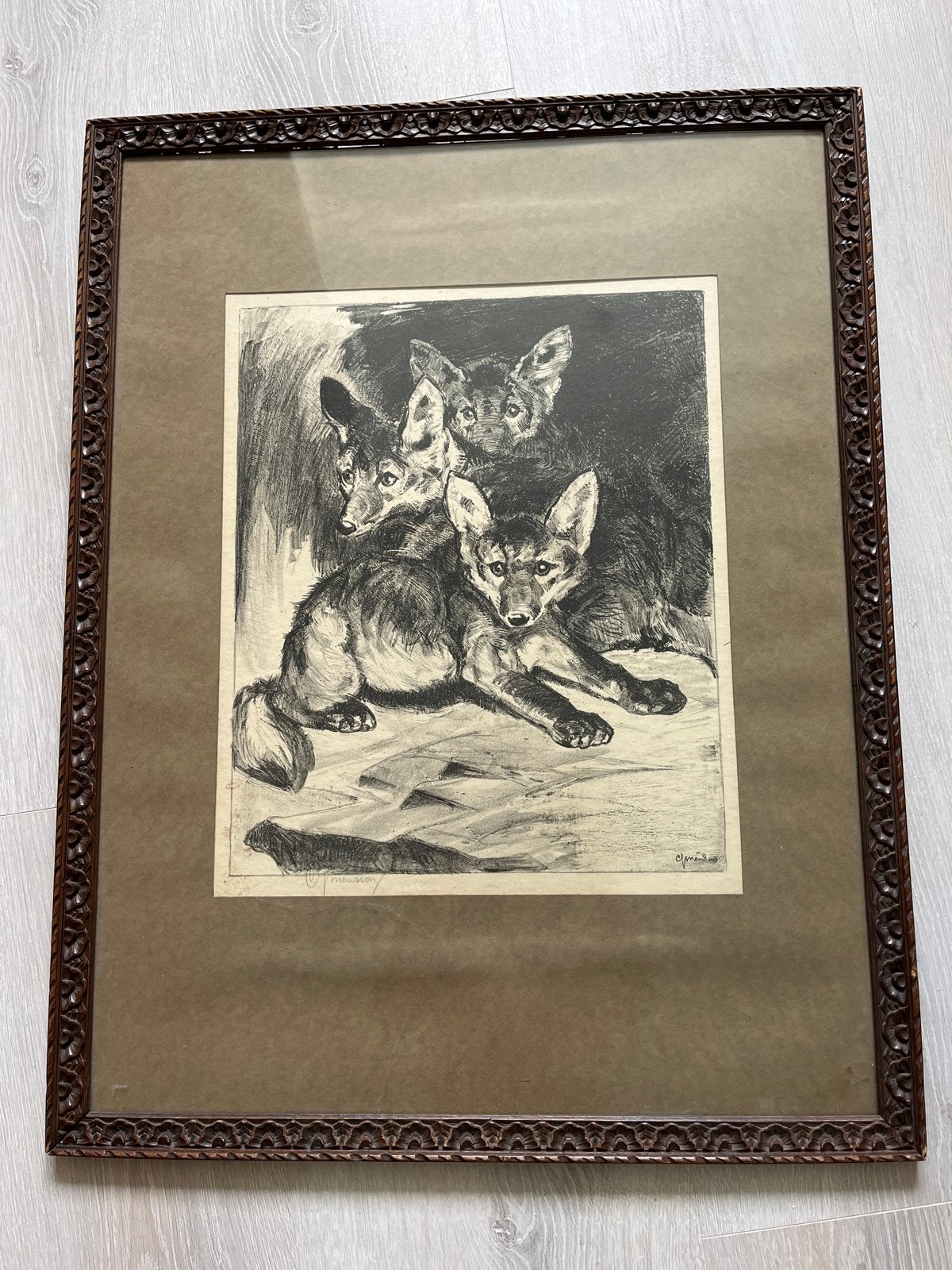 Drie Vosjes, houtskool getekend, C.J. Mension, Antiek en Kunst, Kunst | Schilderijen | Klassiek, Ophalen