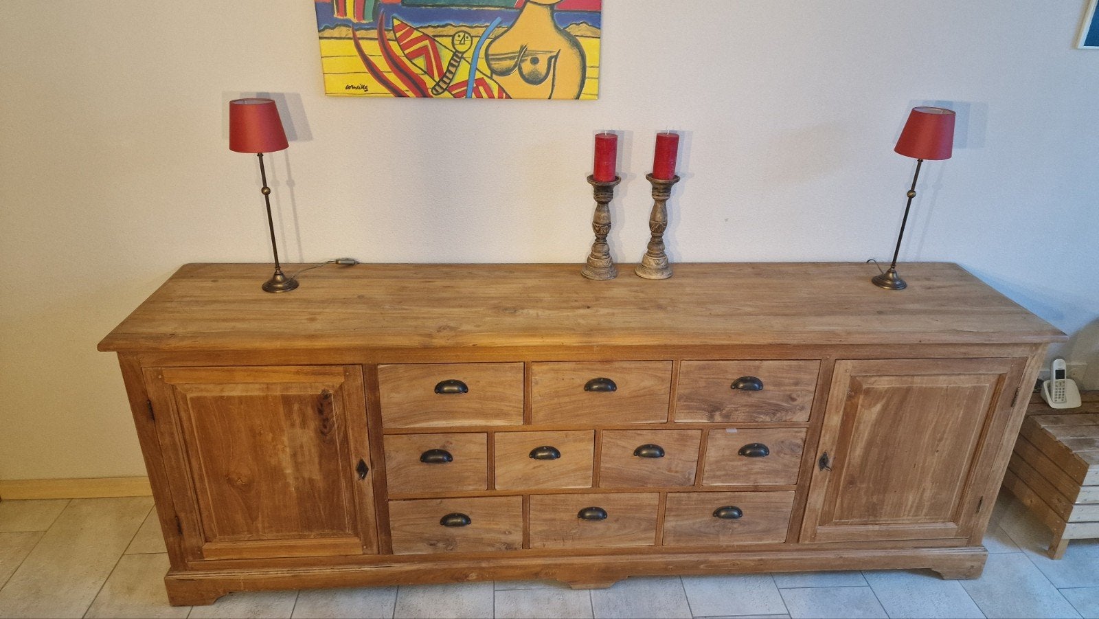 Teakhouten Dressoir 256x54x90cm, Ophalen, Gebruikt, Teakhout, 200 cm of meer