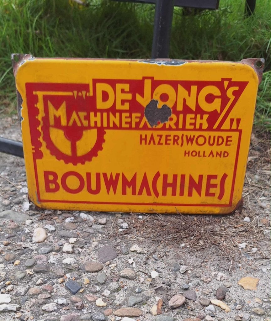 Geleefd emaille reclamebord De Jong's Machinefabriek., Antiek en Kunst, Ophalen of Verzenden