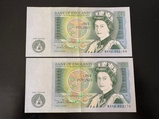 Bank of England 2 x 1 pond UNC opeenvolgende nummers, Ophalen of Verzenden, Overige landen, Setje
