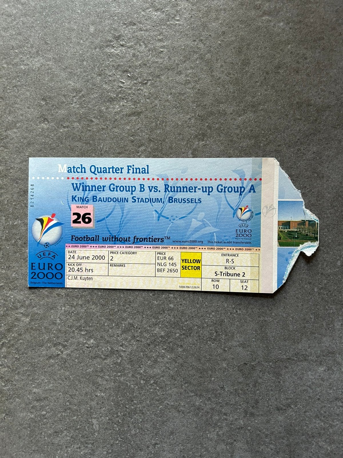 EURO 2000 kwartfinale ticket, Ophalen of Verzenden, Overige binnenlandse clubs, Overige typen