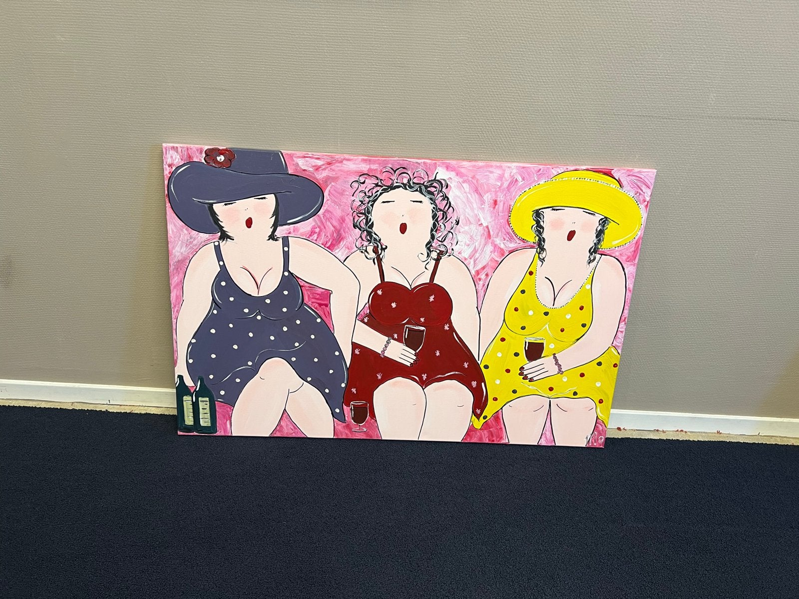 Schilderij Drie Dikke Dames met Wijn - 115x75 cm, Antiek en Kunst, Ophalen, Textiel, Handgeschilderd, Figuren