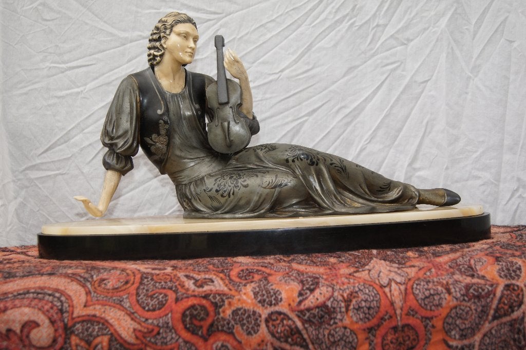 Art Deco Beeld Dame met Viool op Marmeren Sokkel, Antiek en Kunst, Art deco, Ophalen of Verzenden, 20 - 50 cm, Op sokkel