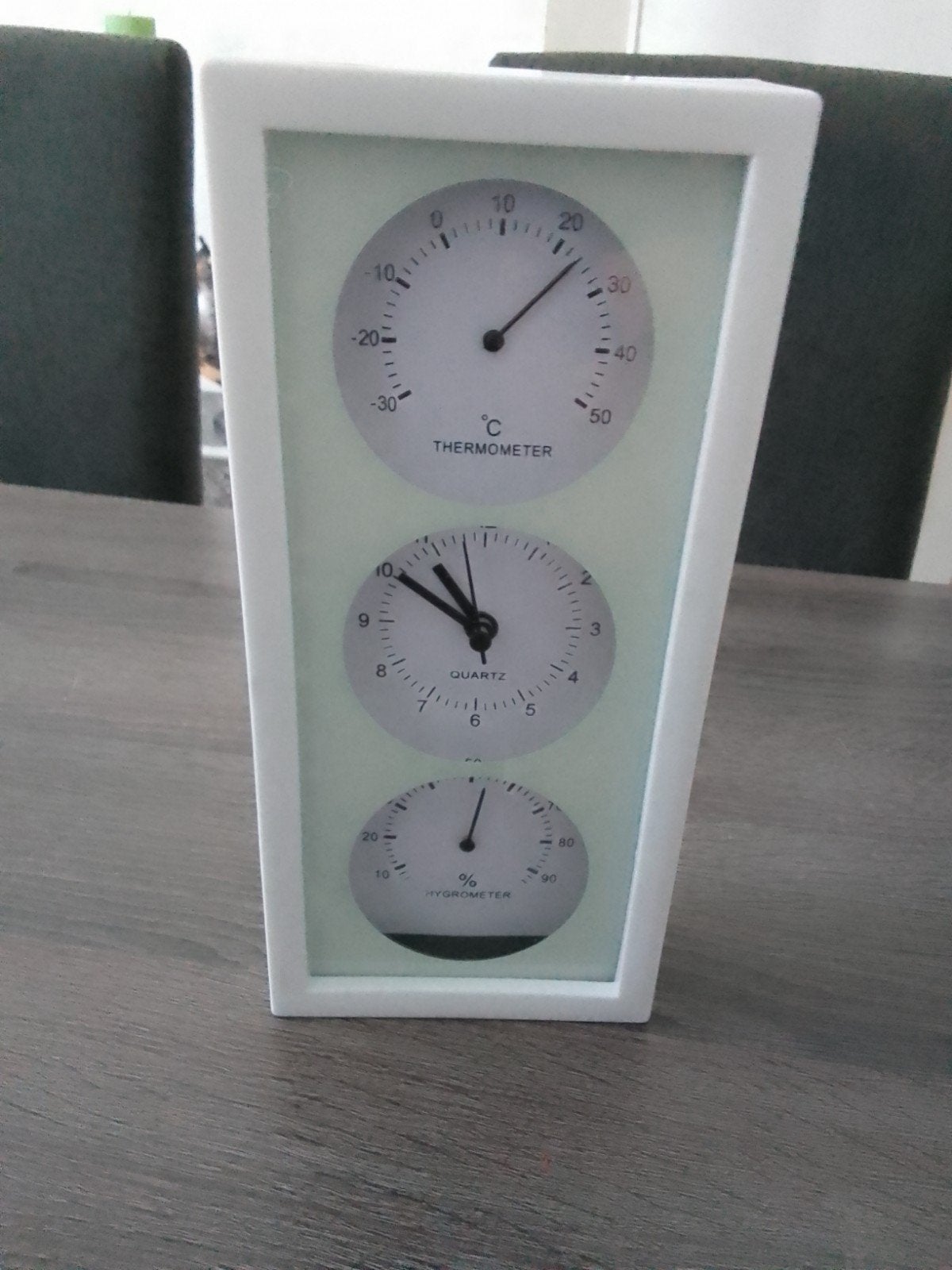 Witte tafelklok met thermometer en hygrometer, Ophalen, Wit, Met thermometer, Analoog
