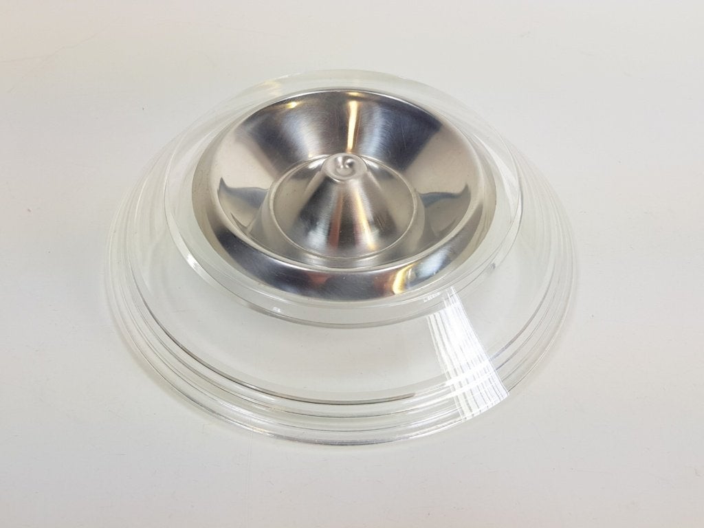 Vintage plexiglas sleutel schaal asbak lucite rvs Italië ‘70, Kunststof, Schaal, Rond, Ophalen of Verzenden