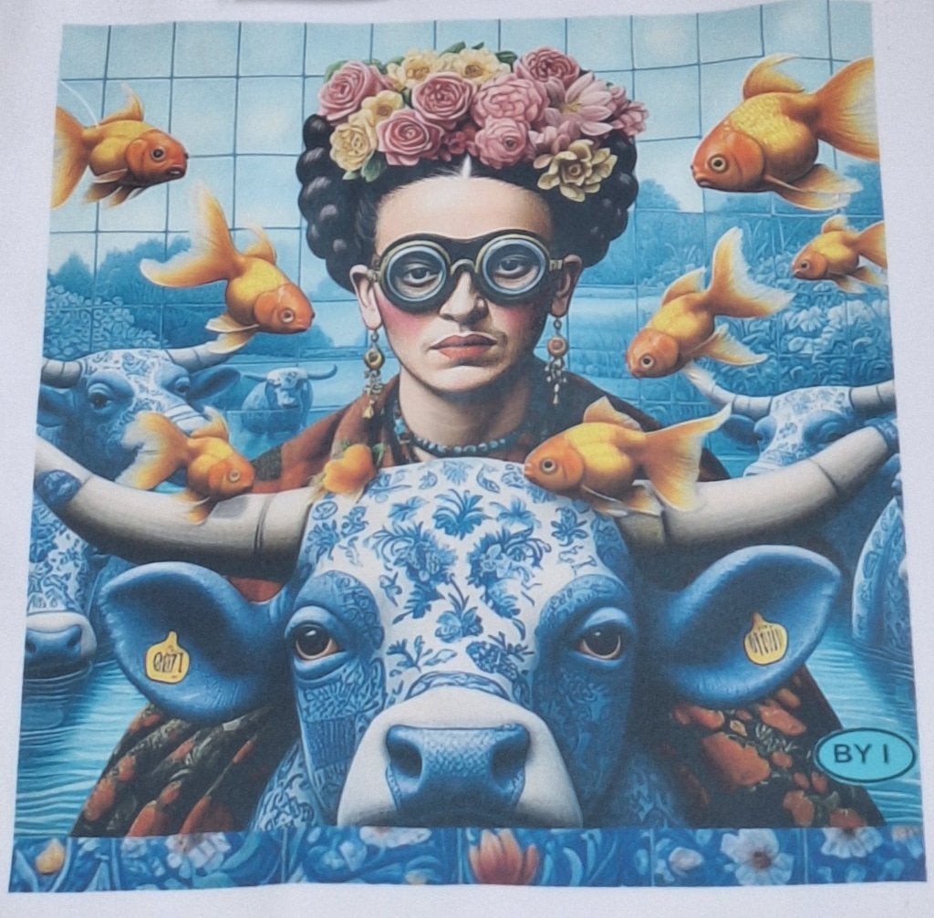 t-shirt wit lange mouw FRIDA Kahlo ossenkop stier vissen, Wit, Maat 46/48 (XL) of groter, Nieuw, Ophalen of Verzenden