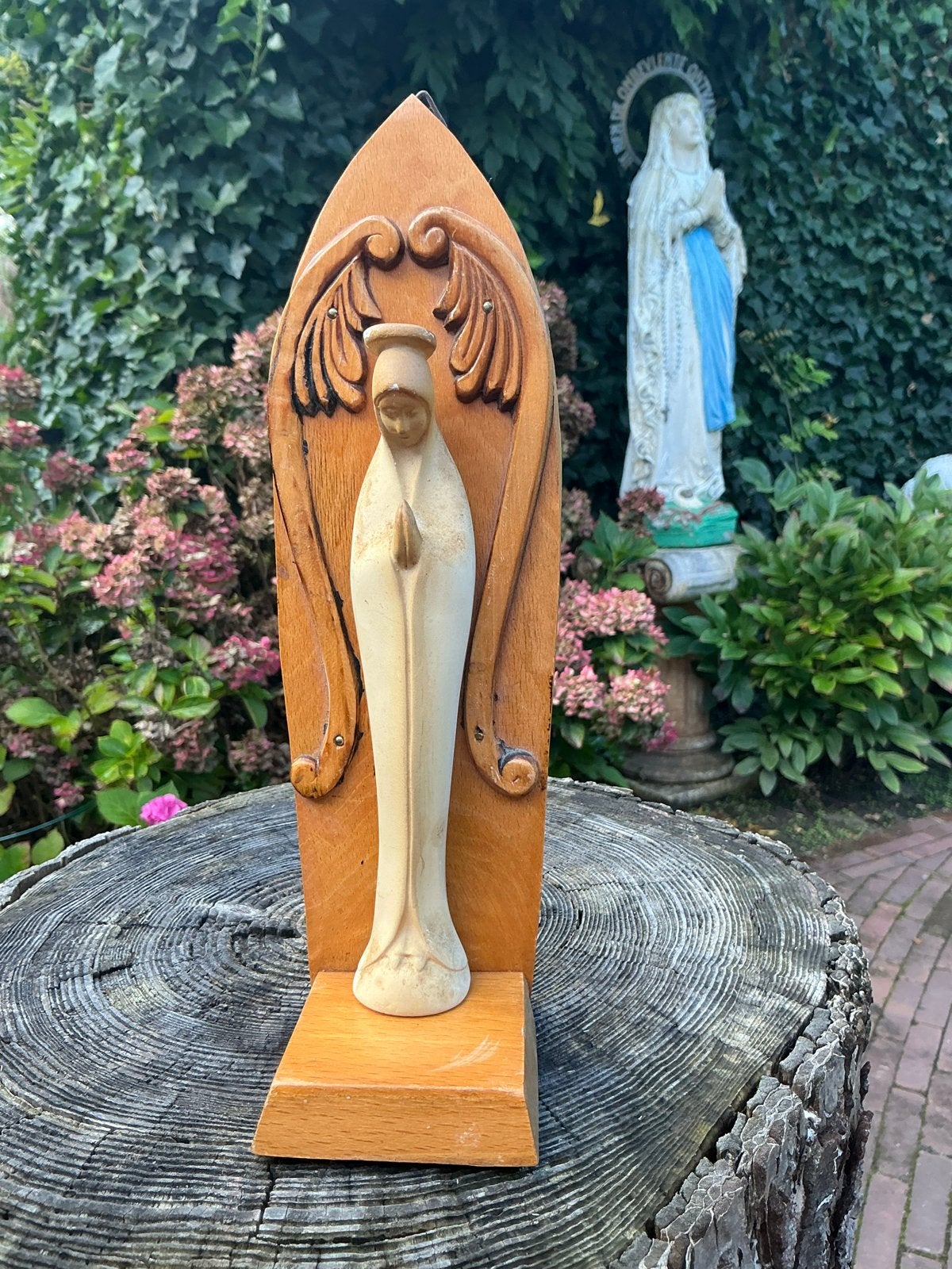 Oud houten altaartje/console ❤️ met biddende Maria, Antiek en Kunst, Ophalen of Verzenden