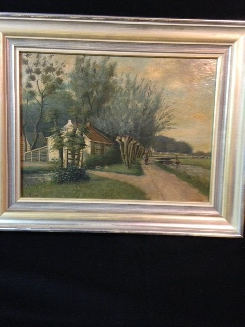 Schilderij 'Boer op landweg', Paneel, Ophalen of Verzenden, Landschap, Olieverf