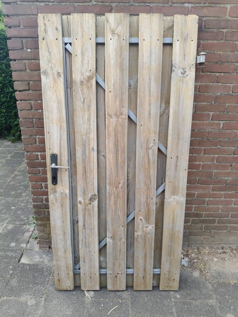 Poortdeur / Tuindeur op stalen frame 90x180cm, Tuin en Terras, Tuinpoorten, Gebruikt, Looppoort, Hout, 150 tot 200 cm, Minder dan 100 cm