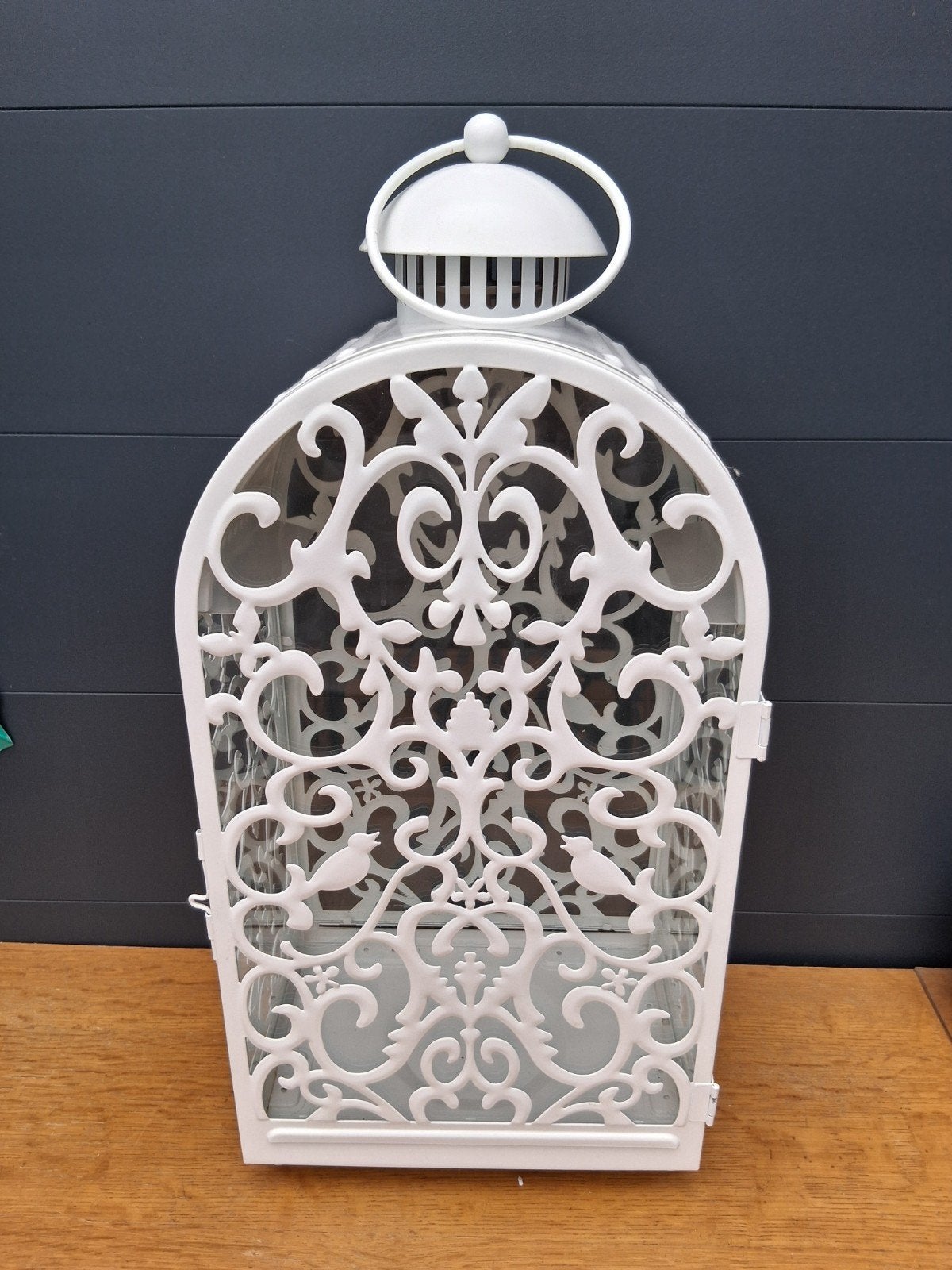 Witte decoratieve lantaarn met vogelmotief, Ophalen, Metaal, Wit, Klassiek