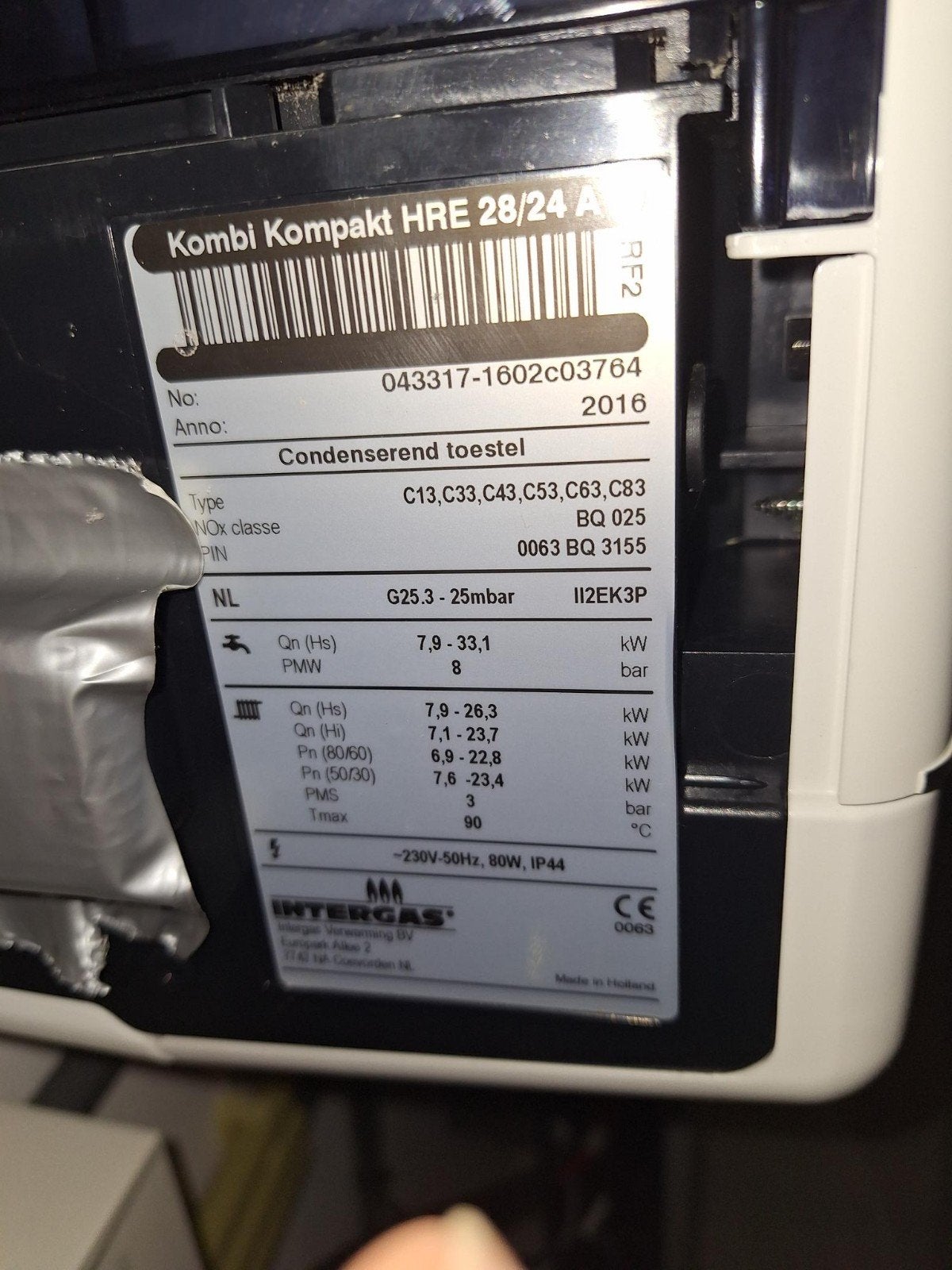 Intergas HRE 28/24 CW 4 CV-ketel uit 2016, Ophalen, Gebruikt, Hoog rendement (Hr), Cv-ketel of Combi-ketel