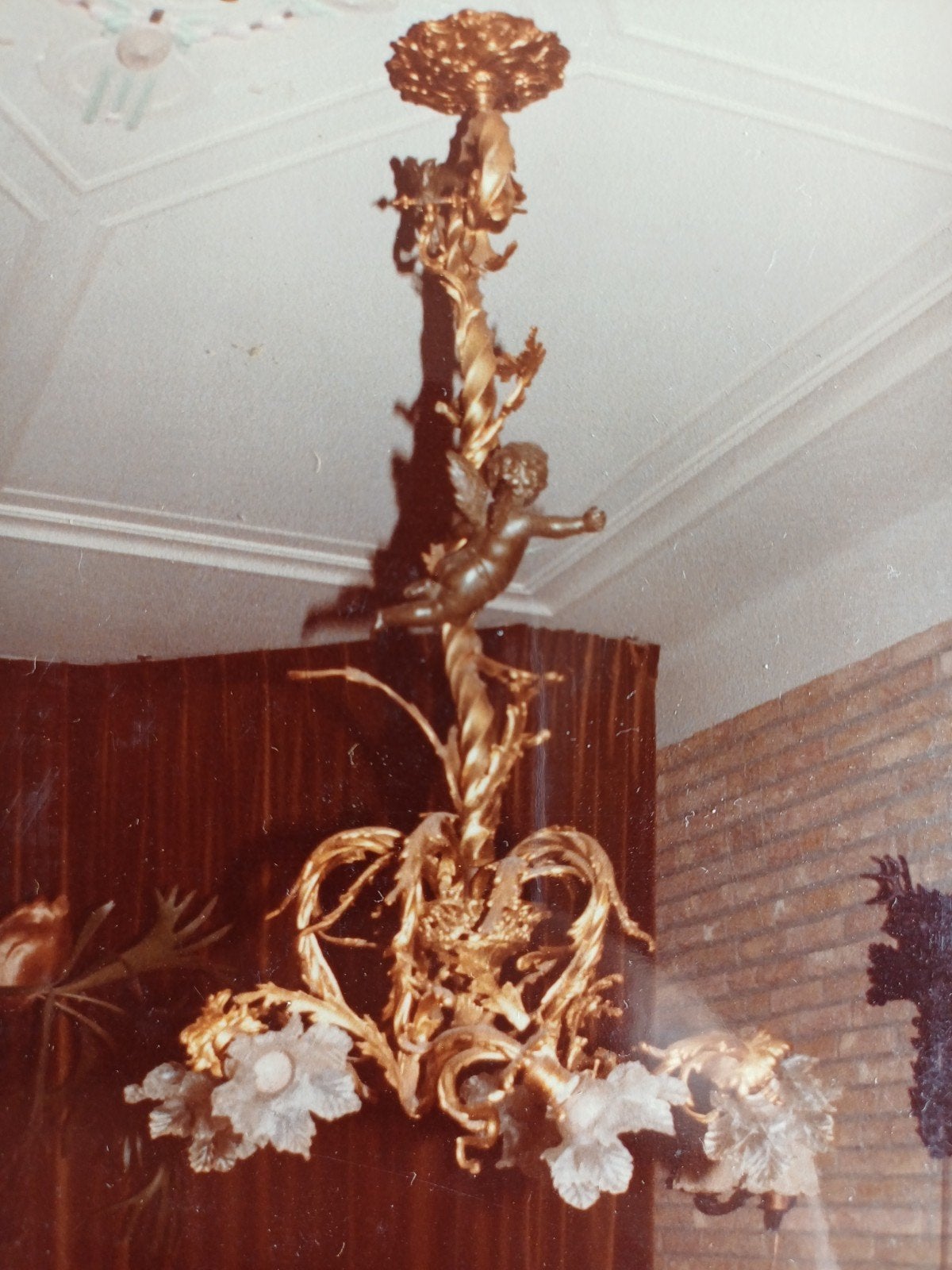 bronzen vuurvergulden hanglamp met cupidoos en vogels, Antiek en Kunst, Ophalen