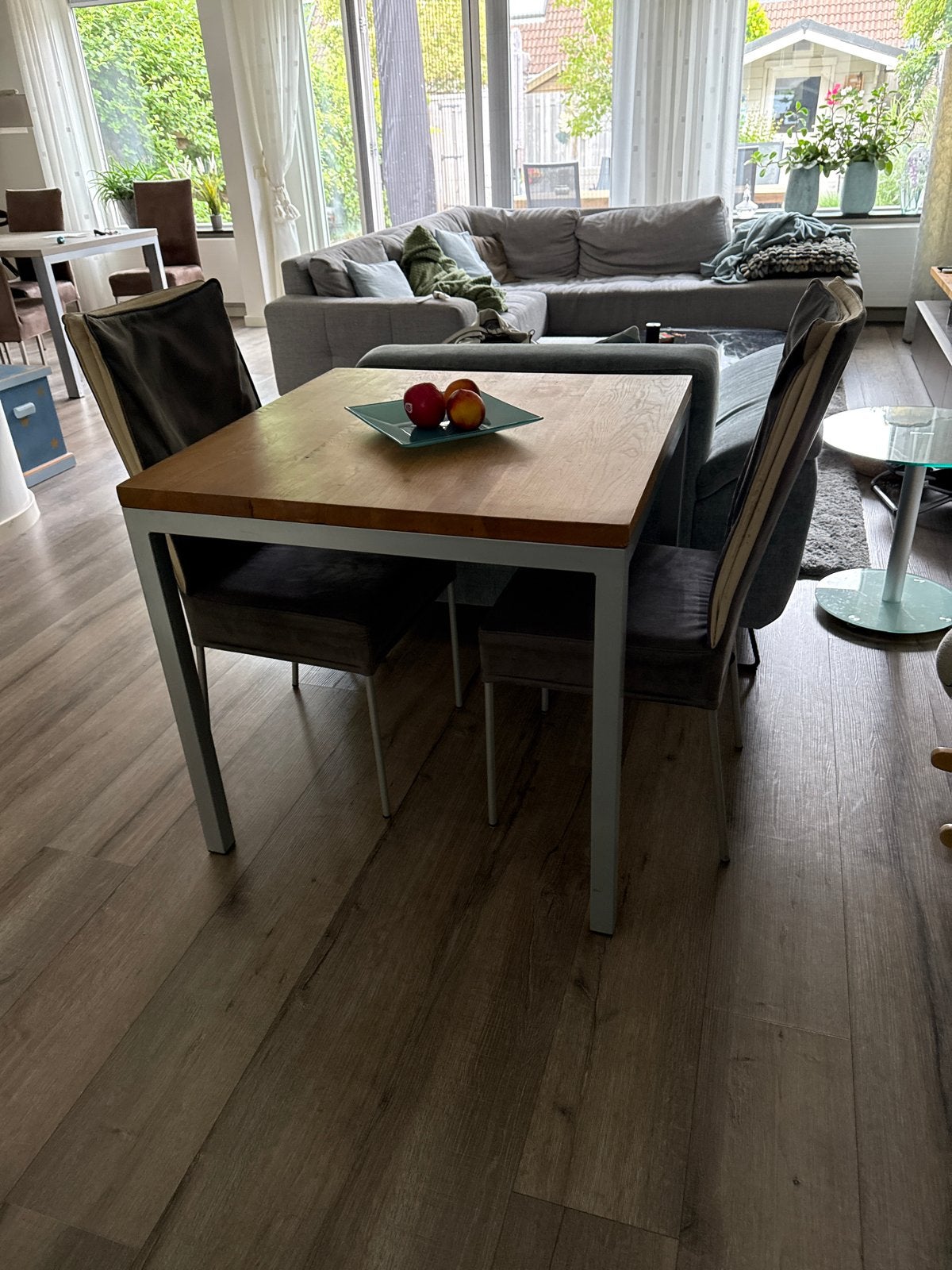 2 Eetkamerstoelen en Eettafel alu/eiken 80x80cm, Huis en Inrichting, Tafels | Eettafels, Ophalen, Gebruikt, 50 tot 100 cm, Vierkant