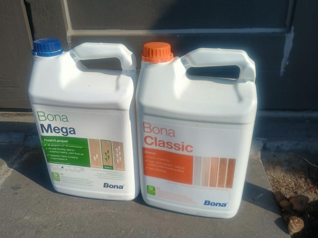 Bona Mega Finish/Lacquer & Bona Classic Primer (gebruikt), Minder dan 5 liter, Ophalen of Verzenden, Gebruikt, Lak