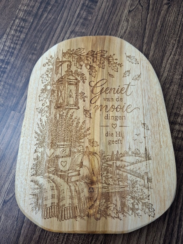 Decoratieve houten plank met herfstgravure, Hout, Ophalen of Verzenden, Bruin, Landelijk
