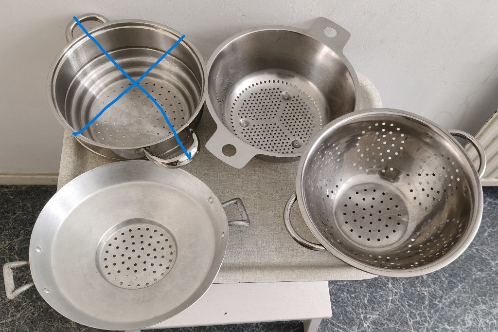 Vergiet/zeef/ stoompan aluminium en Rvs VANAF € 6,00, Gebruikt, Overige typen, Met handvatten, Ophalen of Verzenden