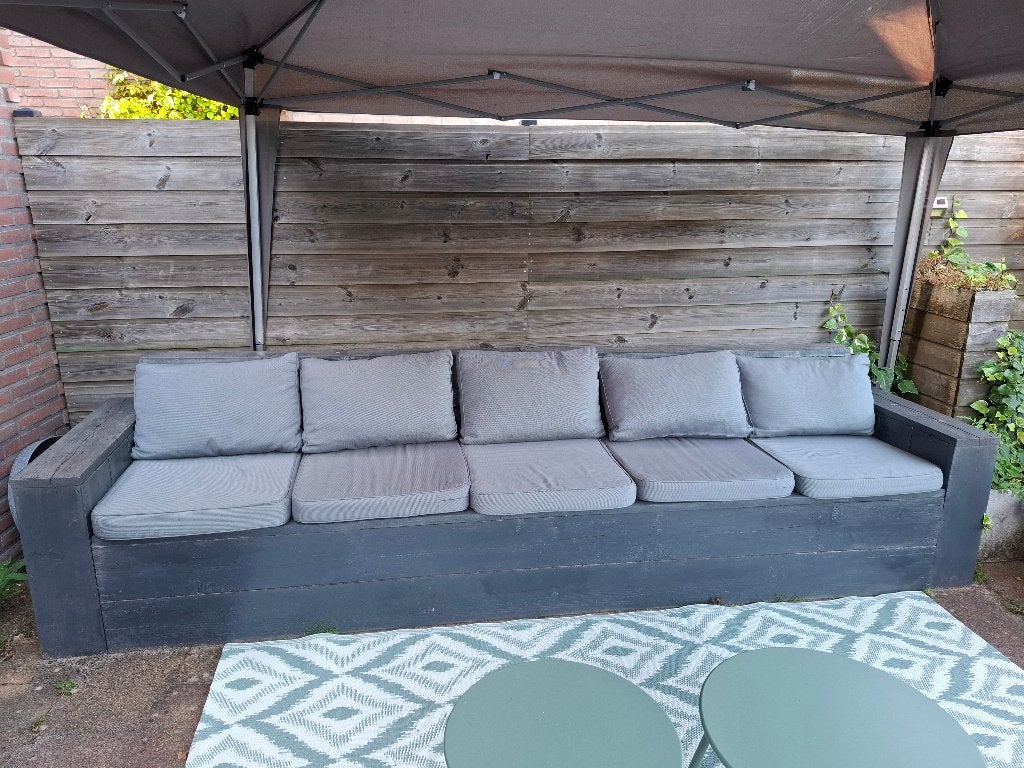 Steigerhouten bank 3 meter met kussens Antraciet grijs, Ophalen, Gebruikt, Hout