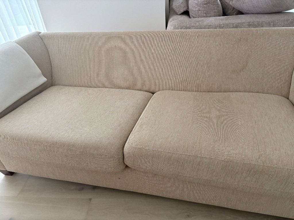 Comfortabele 2-zitsbank - Beige stof, Ophalen, Gebruikt, 150 tot 200 cm, Tweepersoons