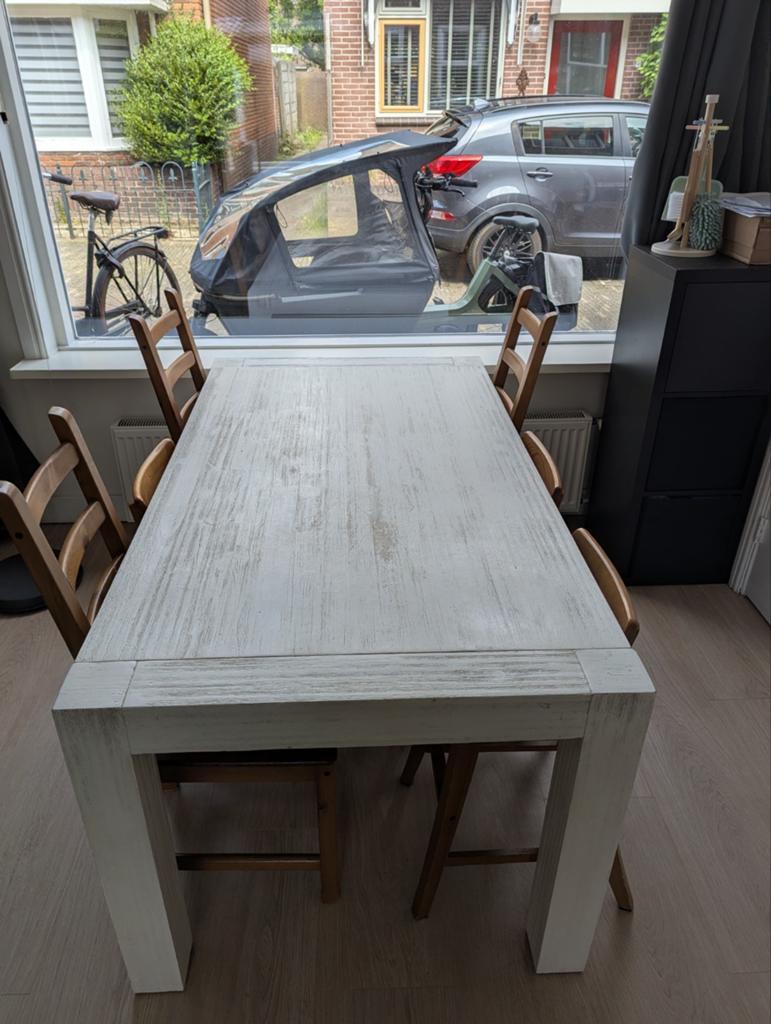 Eettafel wit van massief acaciahout 90x160, Huis en Inrichting, Tafels | Eettafels, Ophalen, Gebruikt, 50 tot 100 cm, Vijf personen of meer