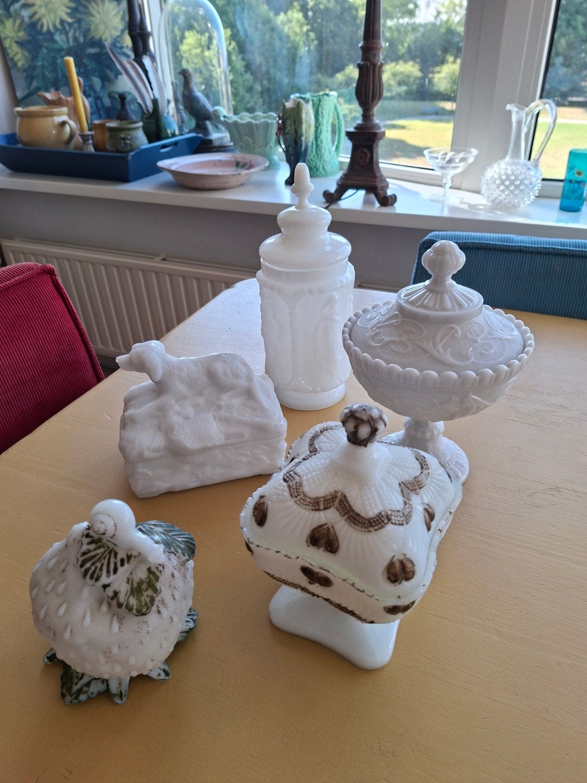 Unieke verzameling opaline dekselpot/koekpotten, Ophalen of Verzenden