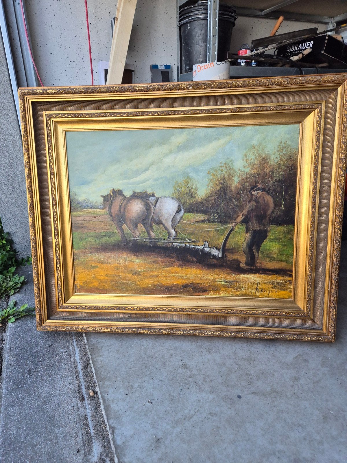 Oud schilderij: Boer met 2 Belgische trekpaarden., Ophalen