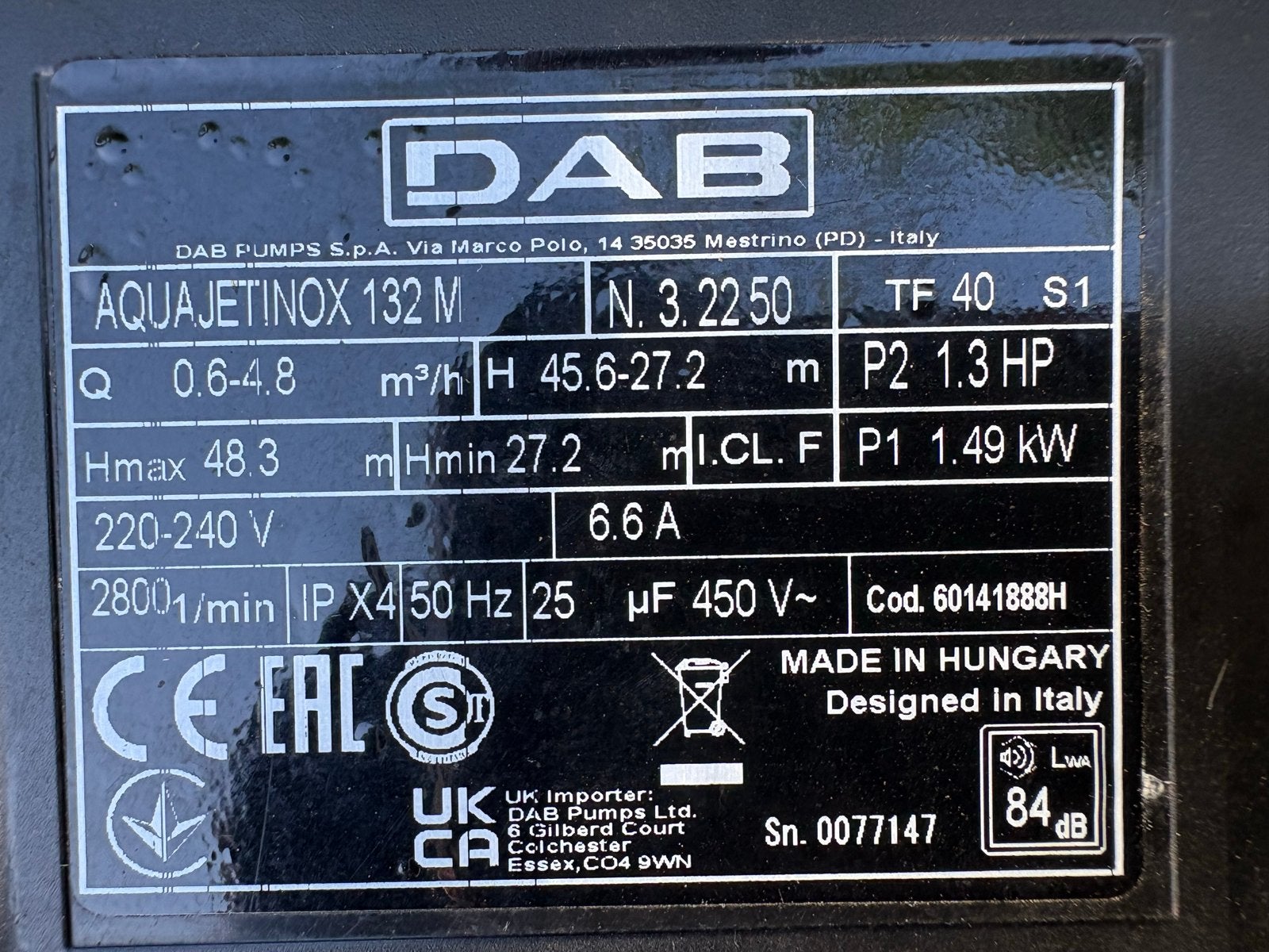 DAB Aquajet 132M/20LH Hydrofoorpomp, Ophalen, Zo goed als nieuw, Elektrisch, Hydrofoorpomp