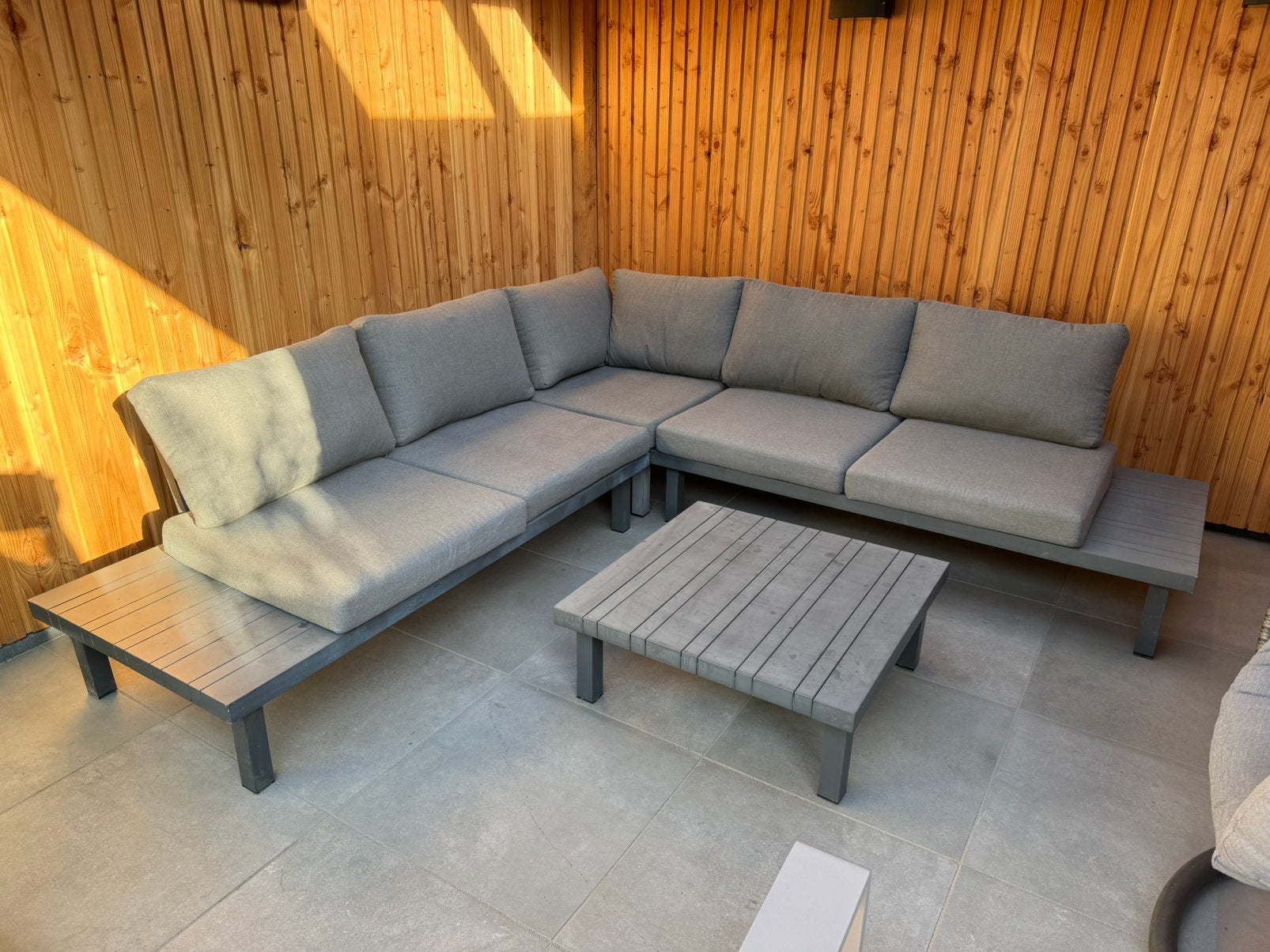 Moderne loungeset aluminium compleet + tafel, Tuin en Terras, Ophalen, 5 zitplaatsen, Gebruikt, Aluminium