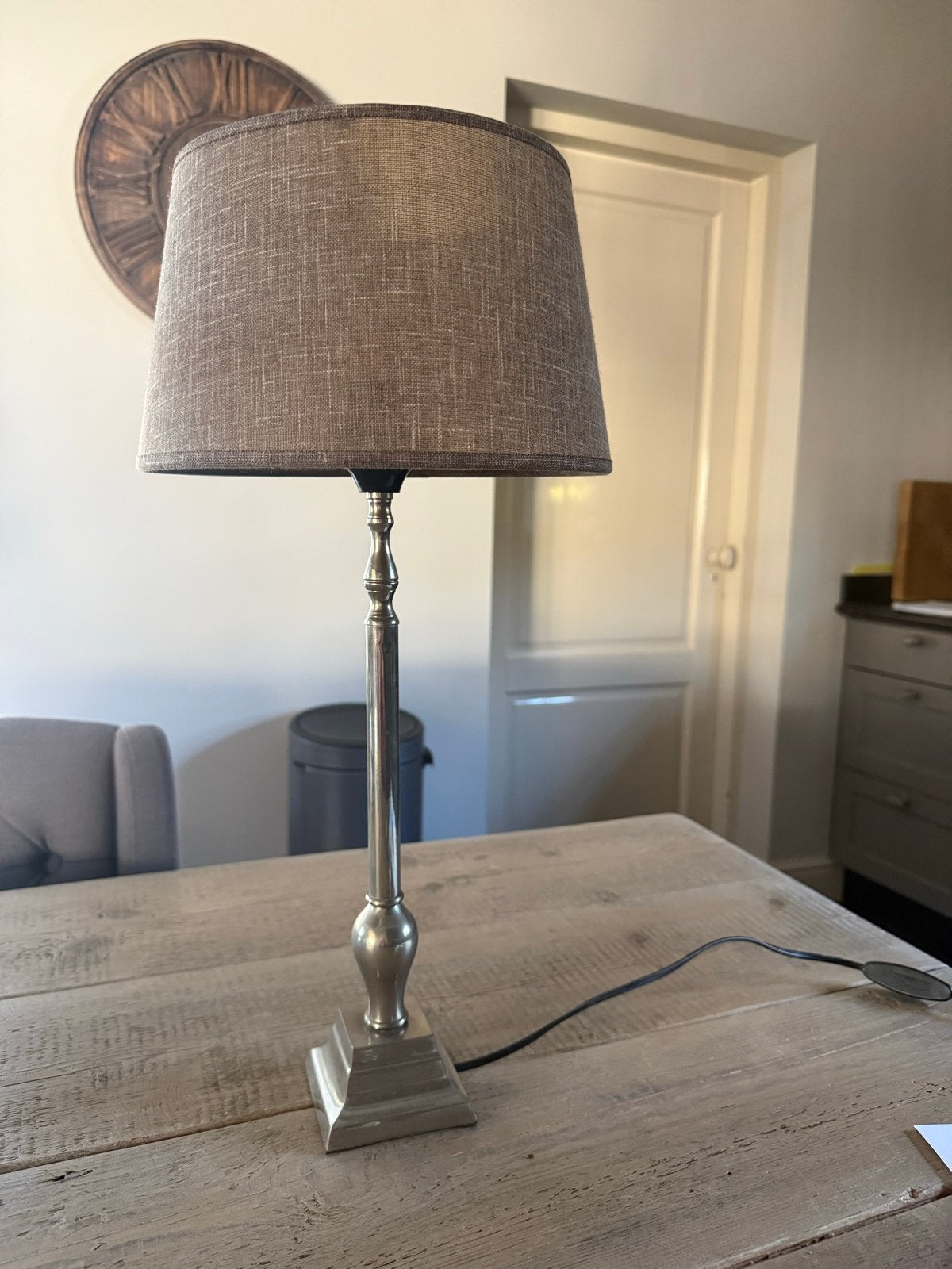 Staande schemerlamp met linnen kap - Bruin, 53 cm hoog, Huis en Inrichting, Gebruikt, Textiel, Ophalen of Verzenden, Met kap