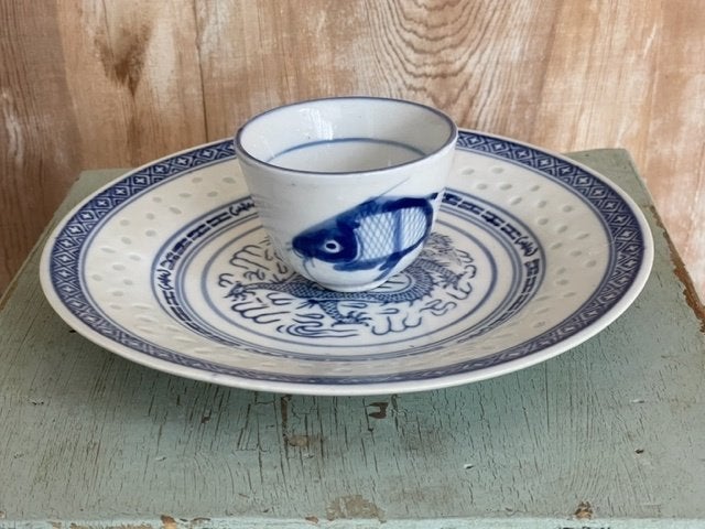 Schaaltje met bakje China. Delfts blauwe kleuren koj karper, Ophalen