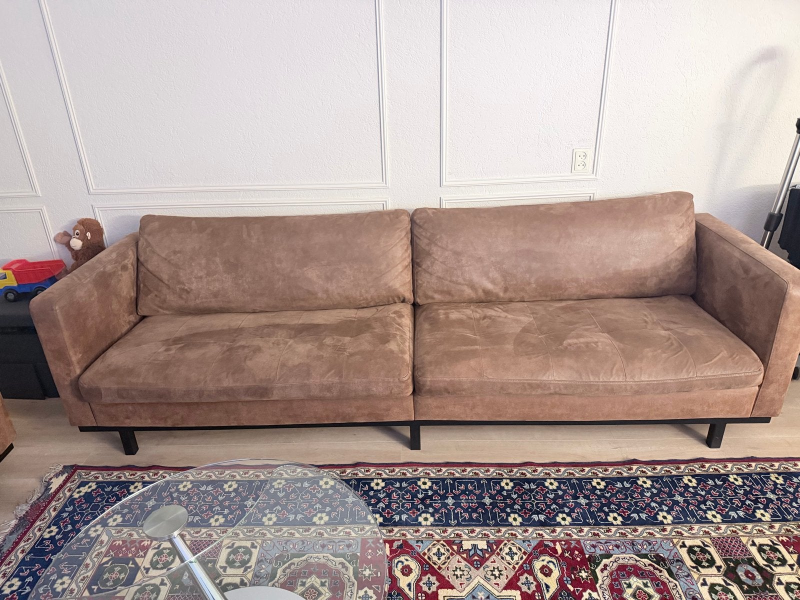 Comfortabele 4-zitsbank en 3-zits in bruin stof, Ophalen, Gebruikt, 75 tot 100 cm, Rechte bank