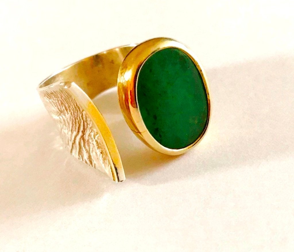 950 zilveren ring met jade en goud, maat 18-19 verstelbaar, Ophalen, Zilver, Ring, Verguld
