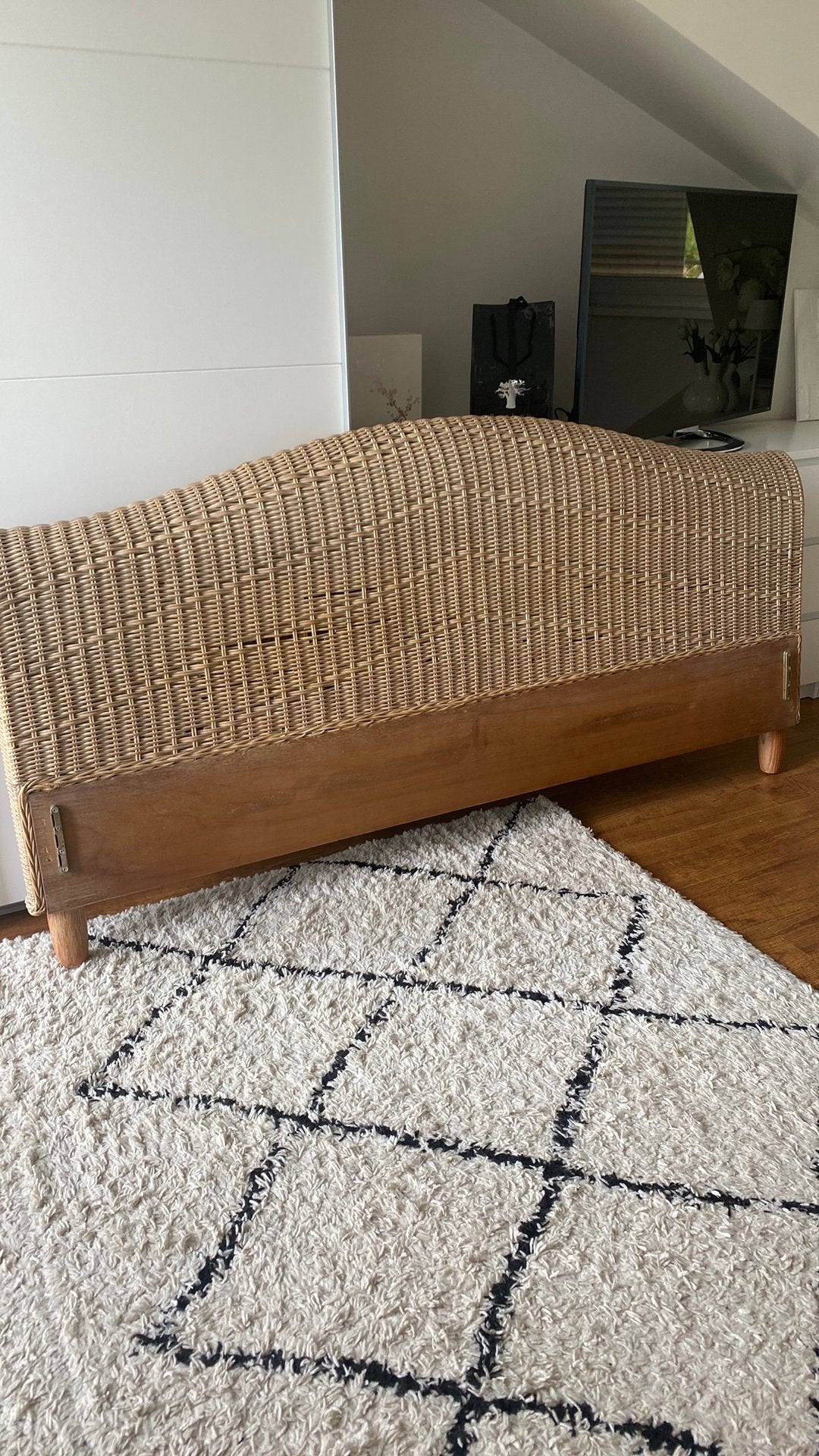 Ledikant hout riet naturel 180x 220, Ophalen, Gebruikt, Tweepersoons, 180 cm