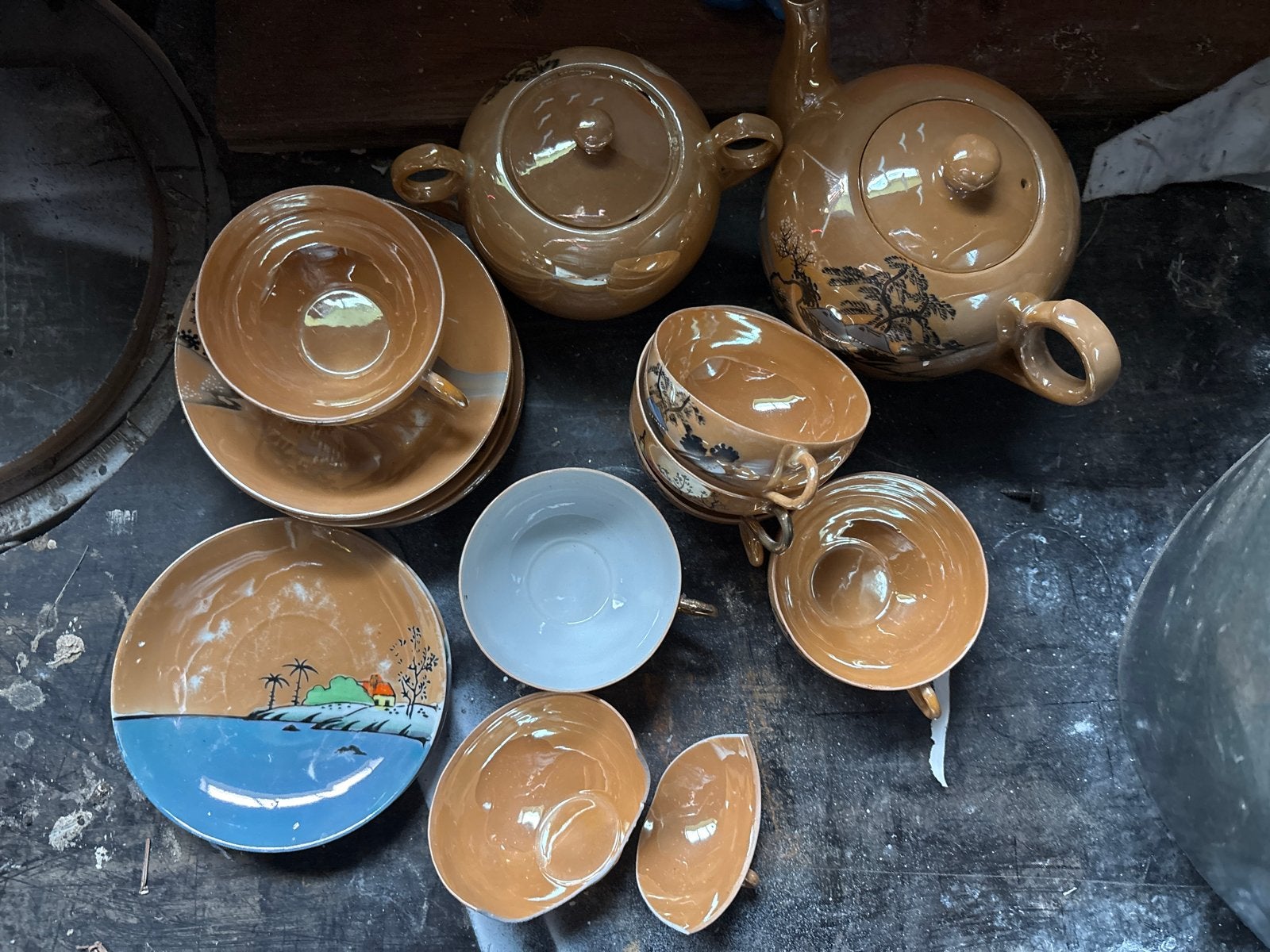 Vintage Japans theeservies met landschapdecor, Antiek en Kunst, Antiek | Servies los, Ophalen